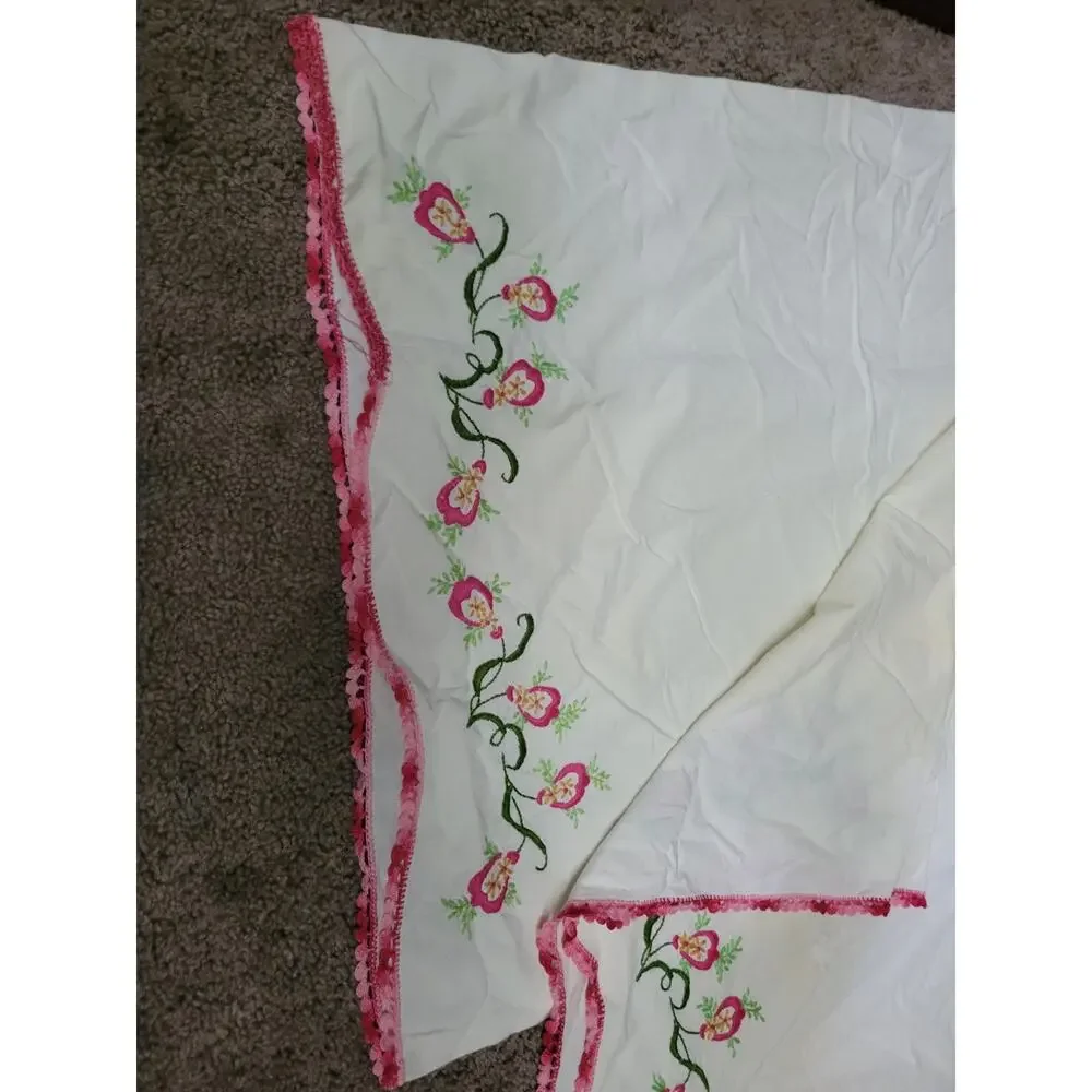 Vintage Standard Cotton pair of Pillowcases with vibrant hand stitched Flowers